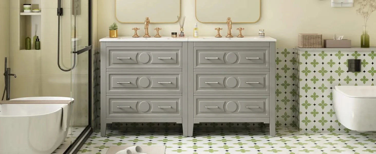 60'' Bathroom Vanity with Ceramic Sink Combo, Free Standing Single Vanity Set with 3 Drawers, Solid Wood Frame Bathroom Storage Cabinet, Gray Default -DTYStore