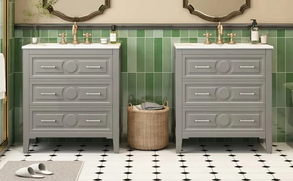 60'' Bathroom Vanity with Ceramic Sink Combo, Free Standing Single Vanity Set with 3 Drawers, Solid Wood Frame Bathroom Storage Cabinet, Gray Default -DTYStore