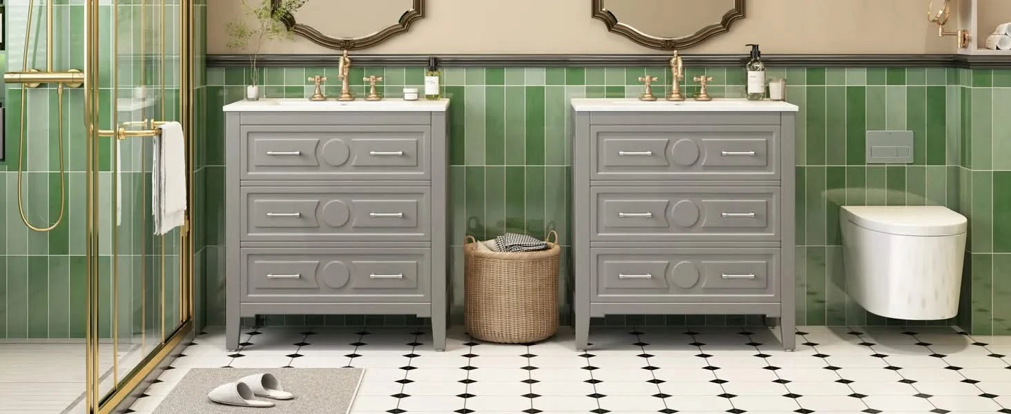 60'' Bathroom Vanity with Ceramic Sink Combo, Free Standing Single Vanity Set with 3 Drawers, Solid Wood Frame Bathroom Storage Cabinet, Gray Default -DTYStore