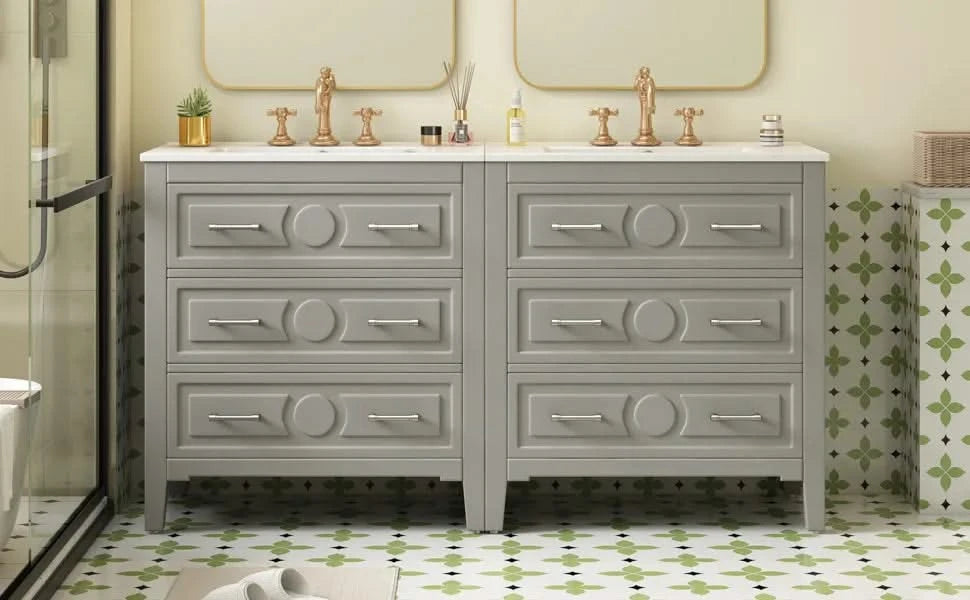 60'' Bathroom Vanity with Ceramic Sink Combo, Free Standing Single Vanity Set with 3 Drawers, Solid Wood Frame Bathroom Storage Cabinet, Gray Default -DTYStore