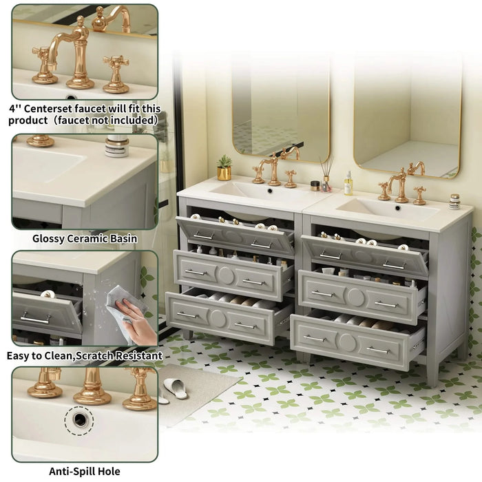 60'' Bathroom Vanity with Ceramic Sink Combo, Free Standing Single Vanity Set with 3 Drawers, Solid Wood Frame Bathroom Storage Cabinet, Gray Default -DTYStore