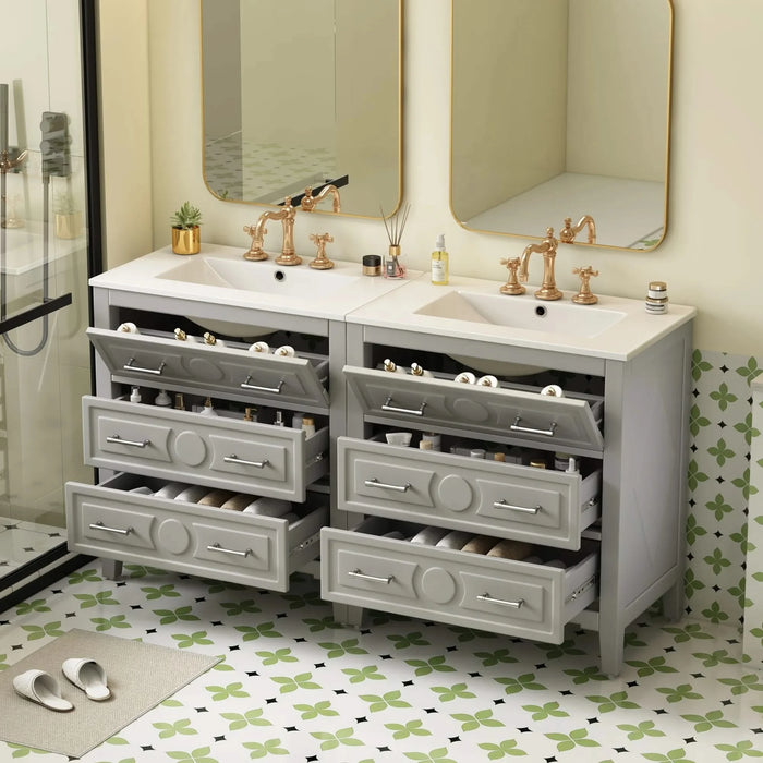 60'' Bathroom Vanity with Ceramic Sink Combo, Free Standing Single Vanity Set with 3 Drawers, Solid Wood Frame Bathroom Storage Cabinet, Gray Default -DTYStore