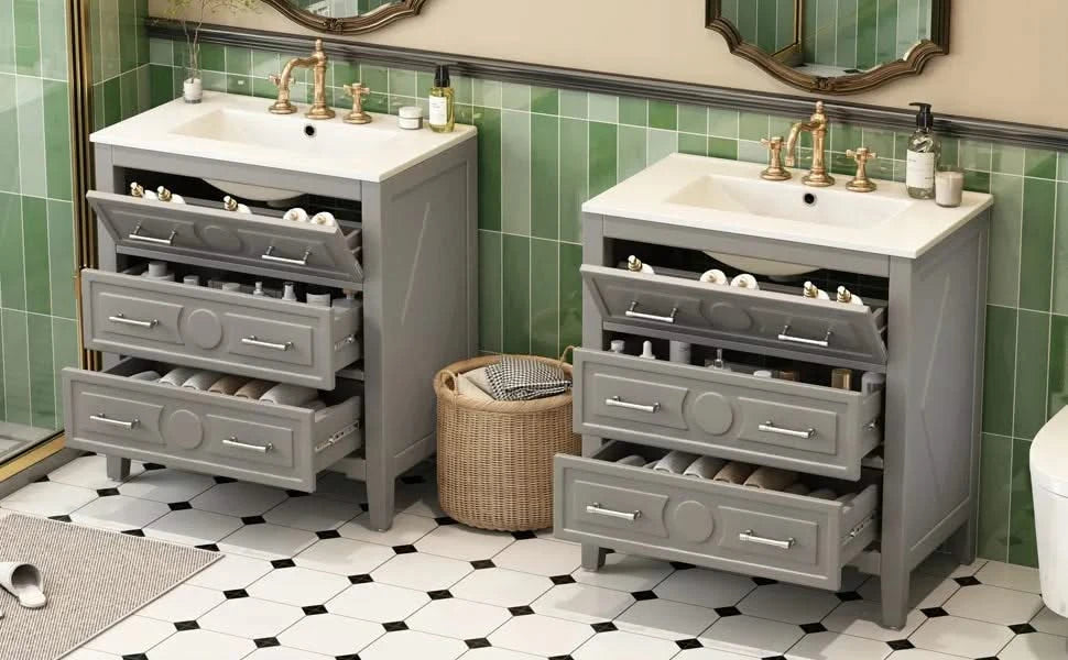 60'' Bathroom Vanity with Ceramic Sink Combo, Free Standing Single Vanity Set with 3 Drawers, Solid Wood Frame Bathroom Storage Cabinet, Gray Default -DTYStore