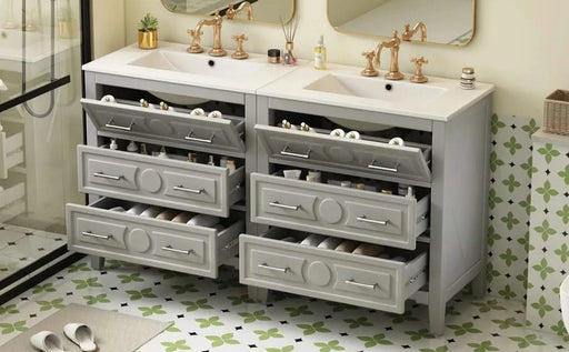 60'' Bathroom Vanity with Ceramic Sink Combo, Free Standing Single Vanity Set with 3 Drawers, Solid Wood Frame Bathroom Storage Cabinet, Gray Default -DTYStore