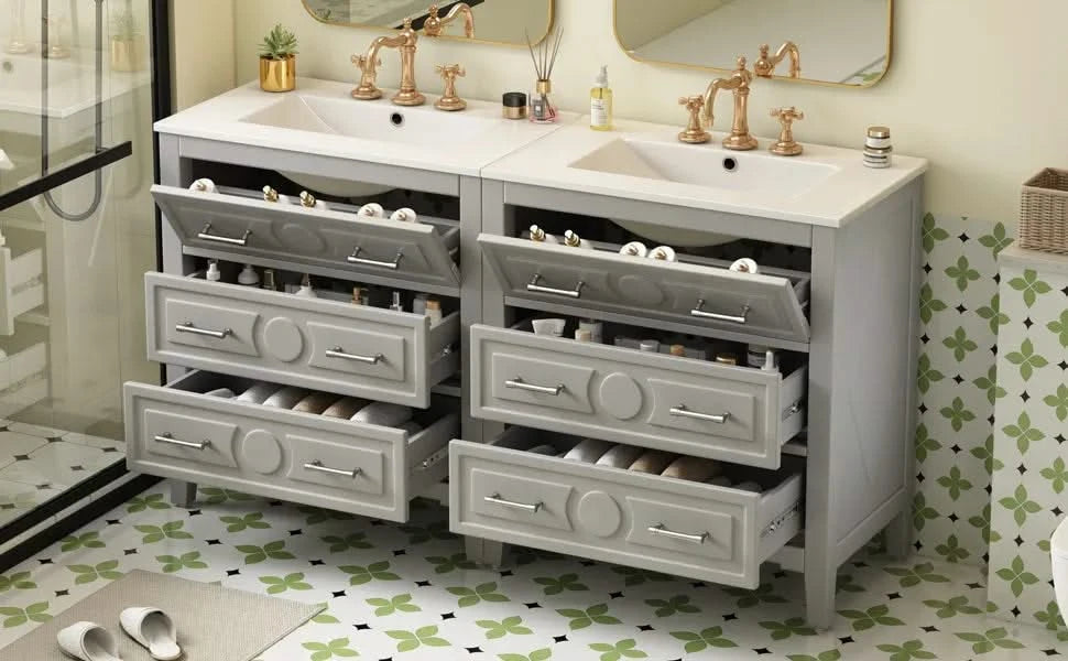 60'' Bathroom Vanity with Ceramic Sink Combo, Free Standing Single Vanity Set with 3 Drawers, Solid Wood Frame Bathroom Storage Cabinet, Gray Default -DTYStore