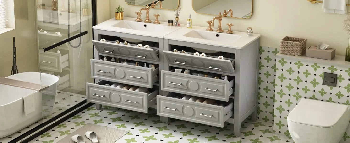 60'' Bathroom Vanity with Ceramic Sink Combo, Free Standing Single Vanity Set with 3 Drawers, Solid Wood Frame Bathroom Storage Cabinet, Gray Default -DTYStore