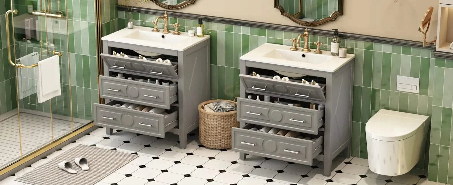 60'' Bathroom Vanity with Ceramic Sink Combo, Free Standing Single Vanity Set with 3 Drawers, Solid Wood Frame Bathroom Storage Cabinet, Gray Default -DTYStore