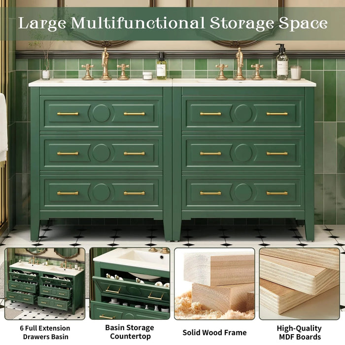 60'' Bathroom Vanity with Ceramic Sink Combo, Free Standing Single Vanity Set with 3 Drawers, Solid Wood Frame Bathroom Storage Cabinet, Green Default -DTYStore