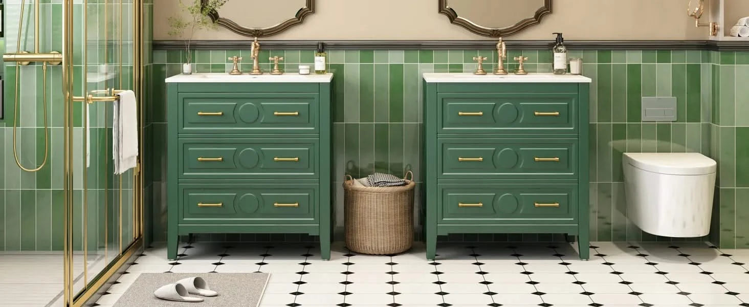 60'' Bathroom Vanity with Ceramic Sink Combo, Free Standing Single Vanity Set with 3 Drawers, Solid Wood Frame Bathroom Storage Cabinet, Green Default -DTYStore