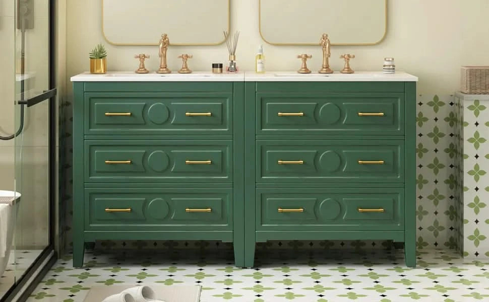 60'' Bathroom Vanity with Ceramic Sink Combo, Free Standing Single Vanity Set with 3 Drawers, Solid Wood Frame Bathroom Storage Cabinet, Green Default -DTYStore