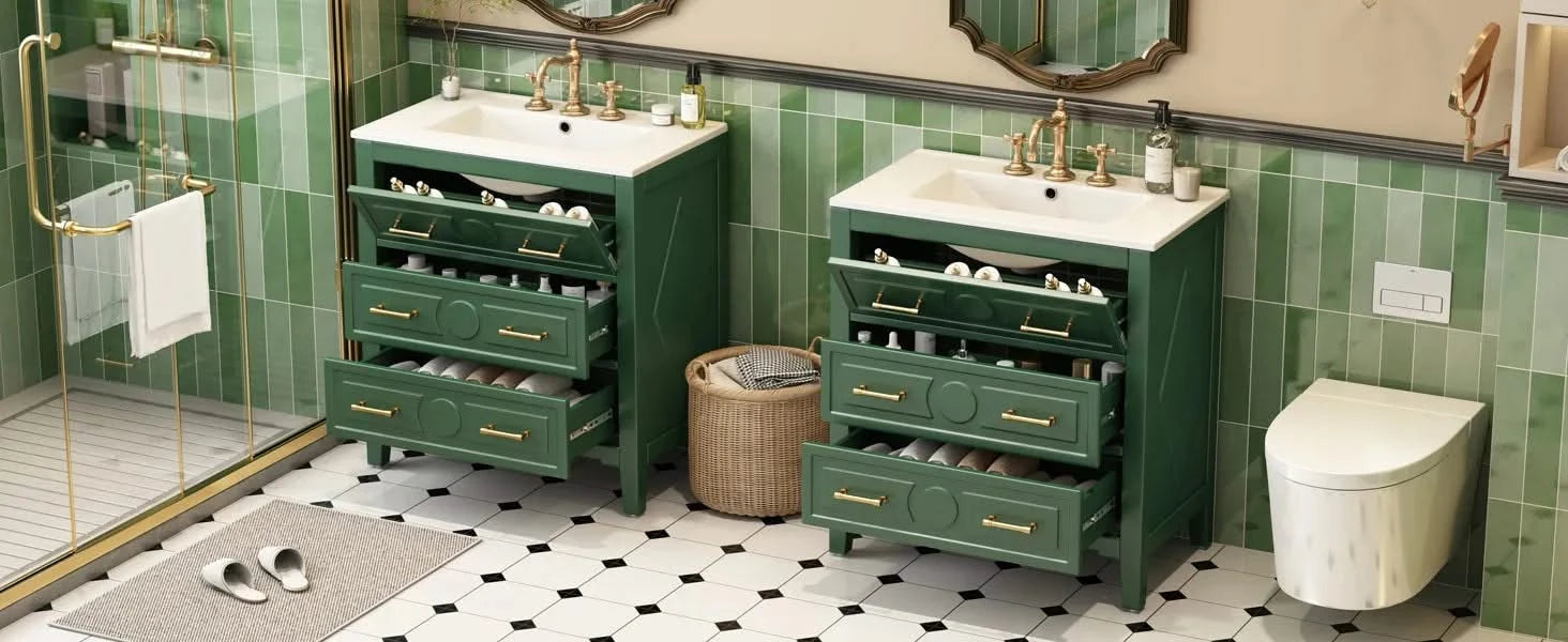 60'' Bathroom Vanity with Ceramic Sink Combo, Free Standing Single Vanity Set with 3 Drawers, Solid Wood Frame Bathroom Storage Cabinet, Green Default -DTYStore