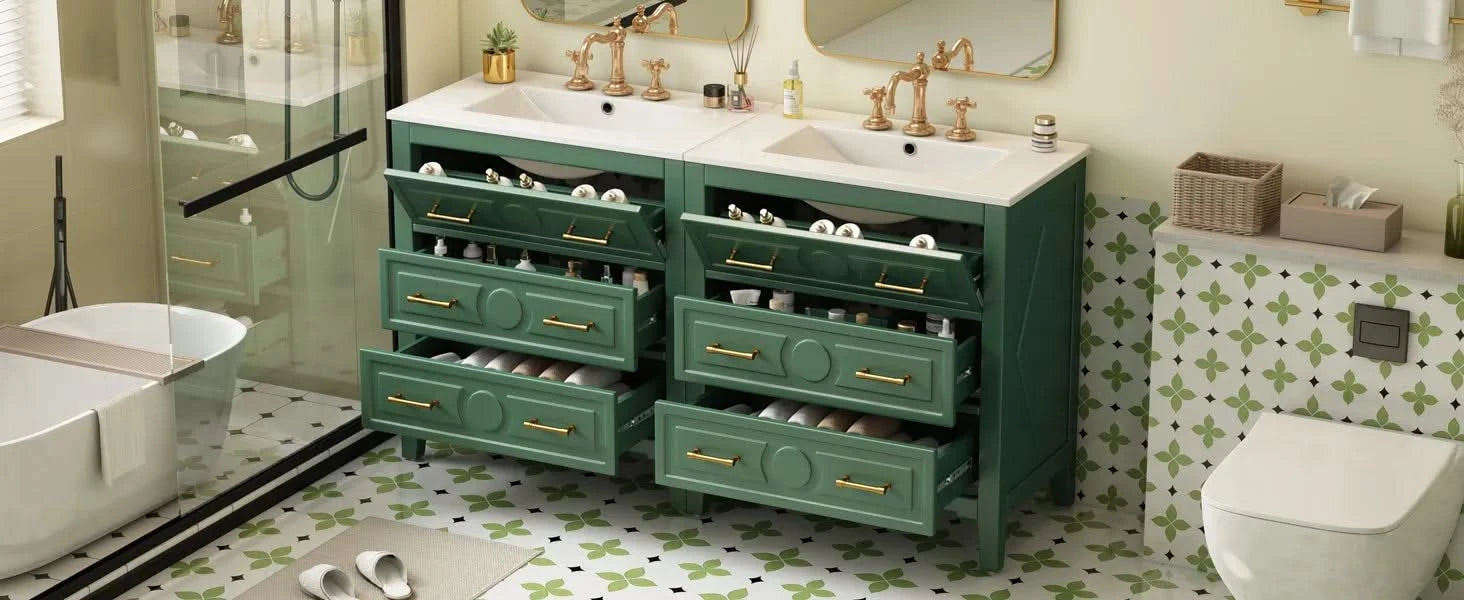 60'' Bathroom Vanity with Ceramic Sink Combo, Free Standing Single Vanity Set with 3 Drawers, Solid Wood Frame Bathroom Storage Cabinet, Green Default -DTYStore