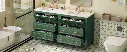 60'' Bathroom Vanity with Ceramic Sink Combo, Free Standing Single Vanity Set with 3 Drawers, Solid Wood Frame Bathroom Storage Cabinet, Green Default -DTYStore