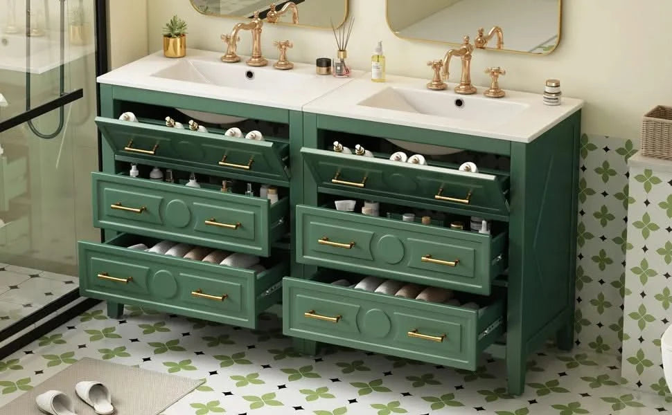 60'' Bathroom Vanity with Ceramic Sink Combo, Free Standing Single Vanity Set with 3 Drawers, Solid Wood Frame Bathroom Storage Cabinet, Green Default -DTYStore