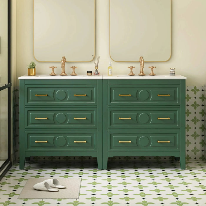 60'' Bathroom Vanity with Ceramic Sink Combo, Free Standing Single Vanity Set with 3 Drawers, Solid Wood Frame Bathroom Storage Cabinet, Green Default -DTYStore