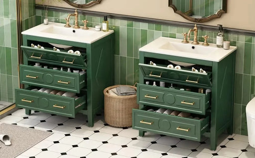 60'' Bathroom Vanity with Ceramic Sink Combo, Free Standing Single Vanity Set with 3 Drawers, Solid Wood Frame Bathroom Storage Cabinet, Green Default -DTYStore