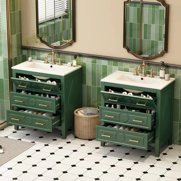 60'' Bathroom Vanity with Ceramic Sink Combo, Free Standing Single Vanity Set with 3 Drawers, Solid Wood Frame Bathroom Storage Cabinet, Green Default -DTYStore