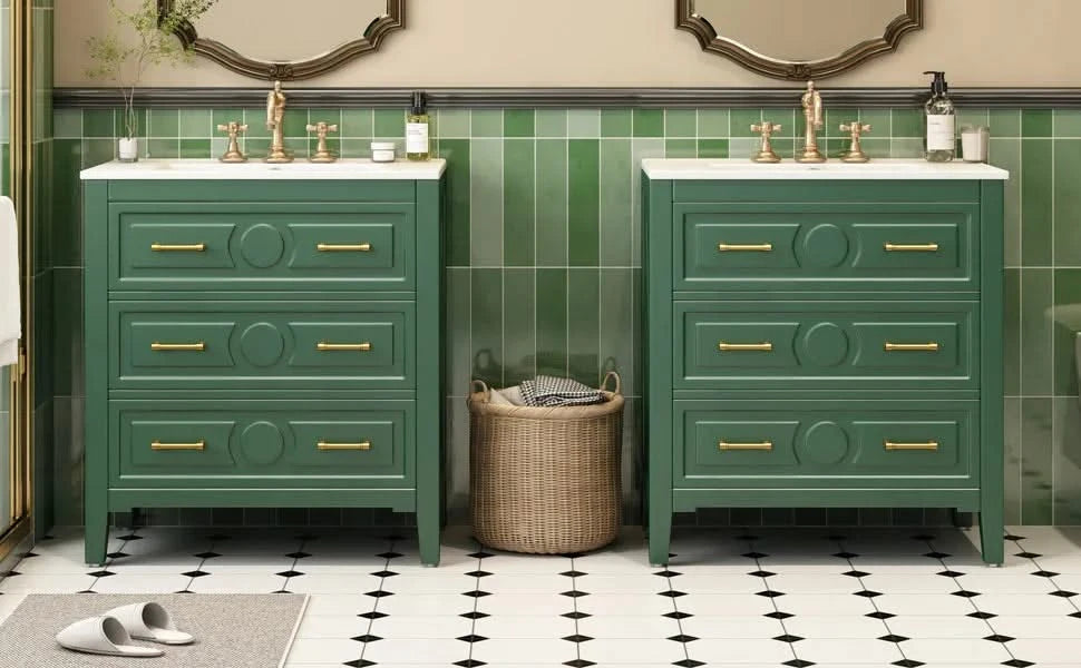 60'' Bathroom Vanity with Ceramic Sink Combo, Free Standing Single Vanity Set with 3 Drawers, Solid Wood Frame Bathroom Storage Cabinet, Green Default -DTYStore