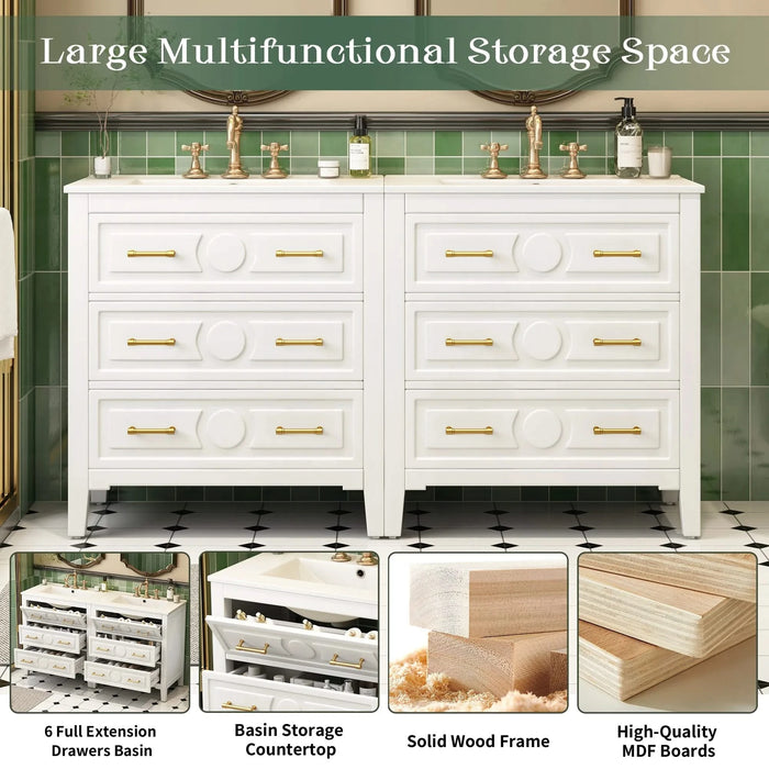 60'' Bathroom Vanity with Ceramic Sink Combo, Free Standing Single Vanity Set with 3 Drawers, Solid Wood Frame Bathroom Storage Cabinet, White Default -DTYStore