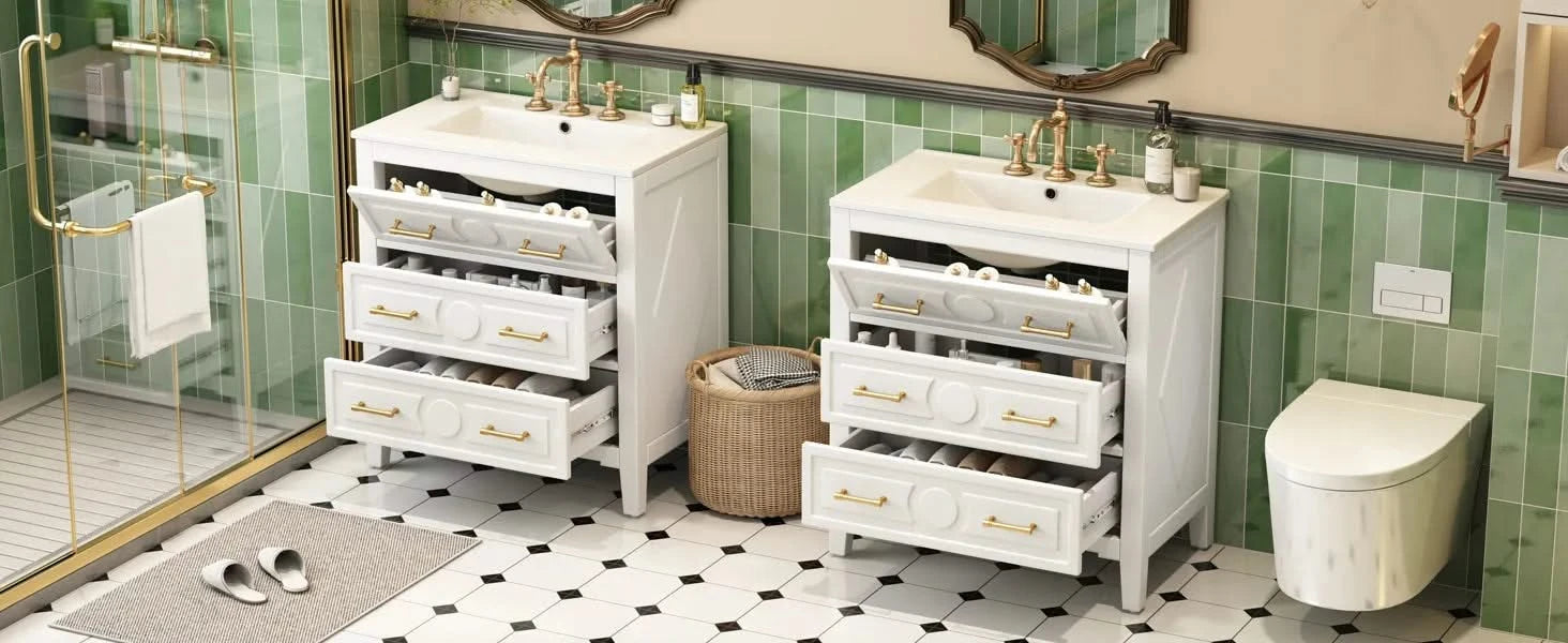 60'' Bathroom Vanity with Ceramic Sink Combo, Free Standing Single Vanity Set with 3 Drawers, Solid Wood Frame Bathroom Storage Cabinet, White Default -DTYStore