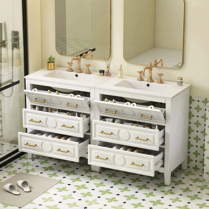 60'' Bathroom Vanity with Ceramic Sink Combo, Free Standing Single Vanity Set with 3 Drawers, Solid Wood Frame Bathroom Storage Cabinet, White Default -DTYStore