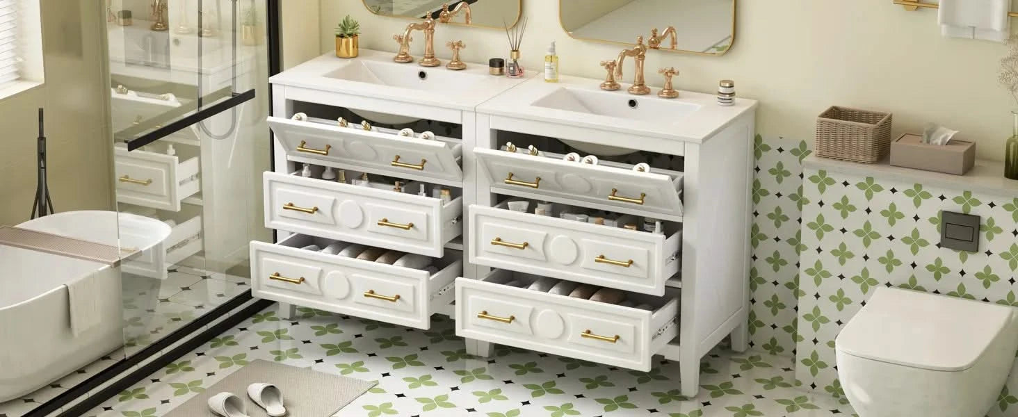 60'' Bathroom Vanity with Ceramic Sink Combo, Free Standing Single Vanity Set with 3 Drawers, Solid Wood Frame Bathroom Storage Cabinet, White Default -DTYStore