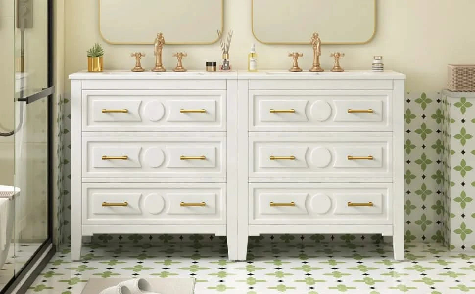 60'' Bathroom Vanity with Ceramic Sink Combo, Free Standing Single Vanity Set with 3 Drawers, Solid Wood Frame Bathroom Storage Cabinet, White Default -DTYStore