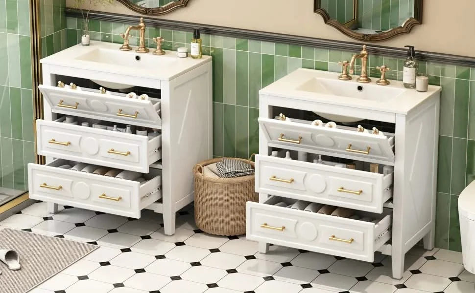 60'' Bathroom Vanity with Ceramic Sink Combo, Free Standing Single Vanity Set with 3 Drawers, Solid Wood Frame Bathroom Storage Cabinet, White Default -DTYStore