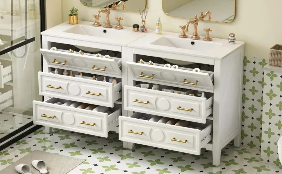 60'' Bathroom Vanity with Ceramic Sink Combo, Free Standing Single Vanity Set with 3 Drawers, Solid Wood Frame Bathroom Storage Cabinet, White Default -DTYStore