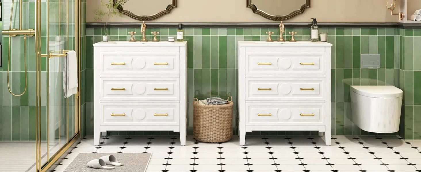 60'' Bathroom Vanity with Ceramic Sink Combo, Free Standing Single Vanity Set with 3 Drawers, Solid Wood Frame Bathroom Storage Cabinet, White Default -DTYStore