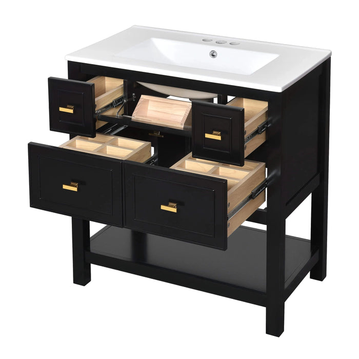 60'' Bathroom Vanity with Ceramic Sink Combo, Free Standing Single Vanity Set with 5 Drawers, Solid Wood Frame Bathroom Storage Cabinet Default -DTYStore