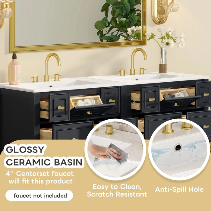 60'' Bathroom Vanity with Ceramic Sink Combo, Free Standing Single Vanity Set with 5 Drawers, Solid Wood Frame Bathroom Storage Cabinet Default -DTYStore