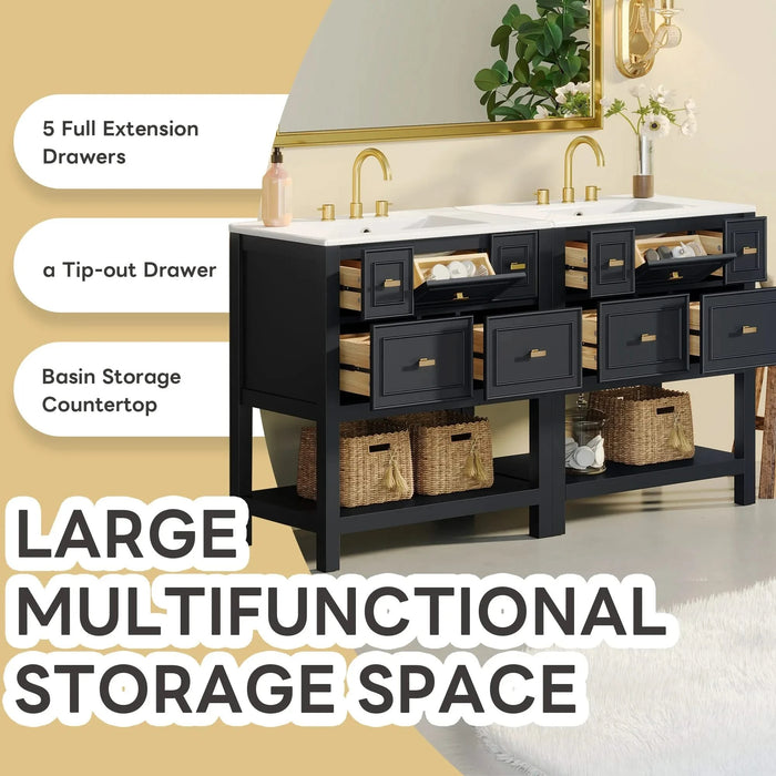 60'' Bathroom Vanity with Ceramic Sink Combo, Free Standing Single Vanity Set with 5 Drawers, Solid Wood Frame Bathroom Storage Cabinet Default -DTYStore