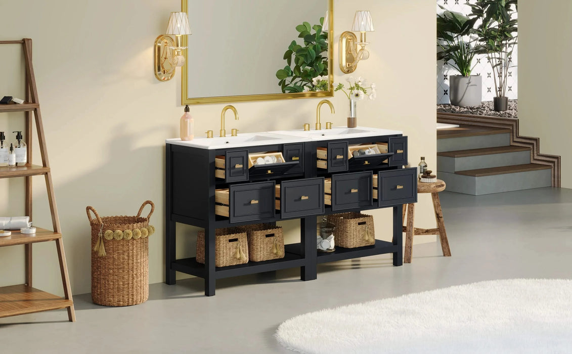 60'' Bathroom Vanity with Ceramic Sink Combo, Free Standing Single Vanity Set with 5 Drawers, Solid Wood Frame Bathroom Storage Cabinet Default -DTYStore