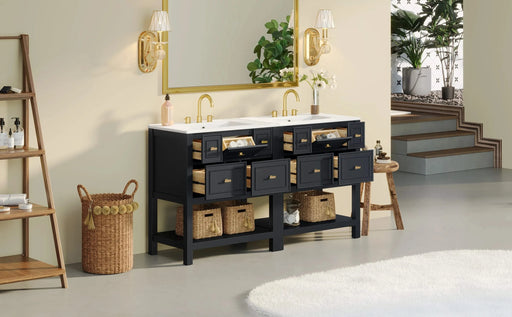 60'' Bathroom Vanity with Ceramic Sink Combo, Free Standing Single Vanity Set with 5 Drawers, Solid Wood Frame Bathroom Storage Cabinet Default -DTYStore