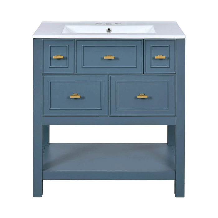 60'' Bathroom Vanity with Ceramic Sink Combo, Free Standing Single Vanity Set with 5 Drawers, Solid Wood Frame Bathroom Storage Cabinet Default -DTYStore