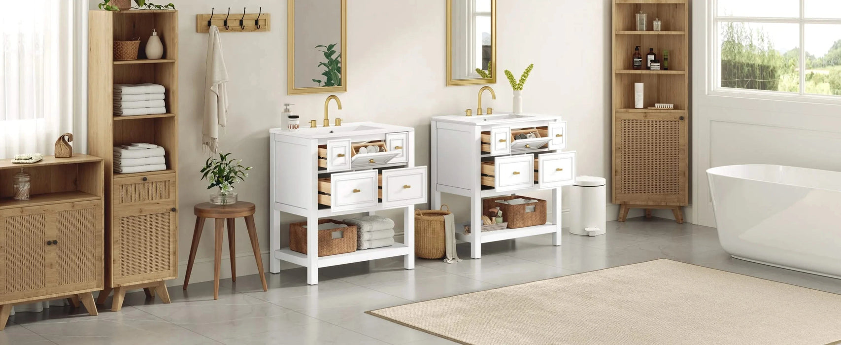 60'' Bathroom Vanity with Ceramic Sink Combo, Free Standing Single Vanity Set with 5 Drawers, Solid Wood Frame Bathroom Storage Cabinet Default -DTYStore