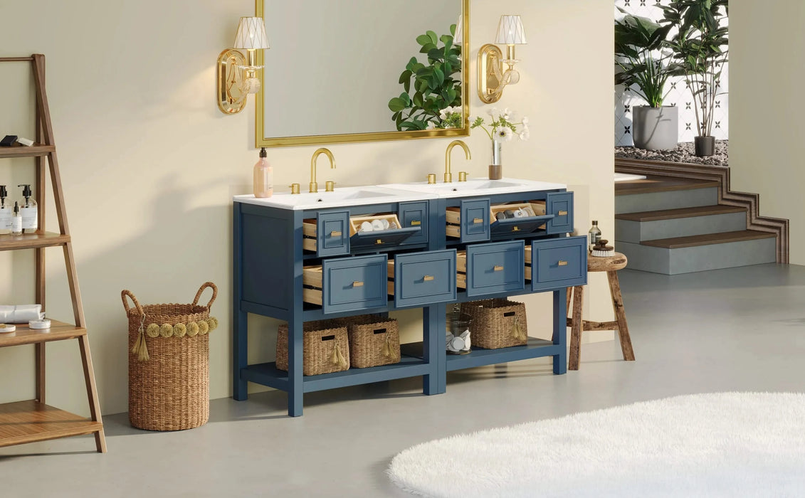 60'' Bathroom Vanity with Ceramic Sink Combo, Free Standing Single Vanity Set with 5 Drawers, Solid Wood Frame Bathroom Storage Cabinet Default -DTYStore