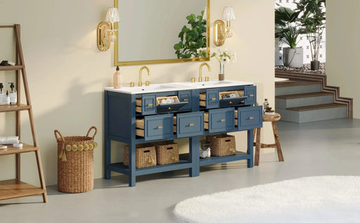 60'' Bathroom Vanity with Ceramic Sink Combo, Free Standing Single Vanity Set with 5 Drawers, Solid Wood Frame Bathroom Storage Cabinet Default -DTYStore