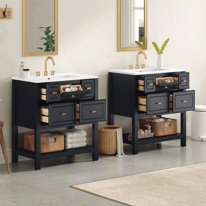 60'' Bathroom Vanity with Ceramic Sink Combo, Free Standing Single Vanity Set with 5 Drawers, Solid Wood Frame Bathroom Storage Cabinet Default -DTYStore