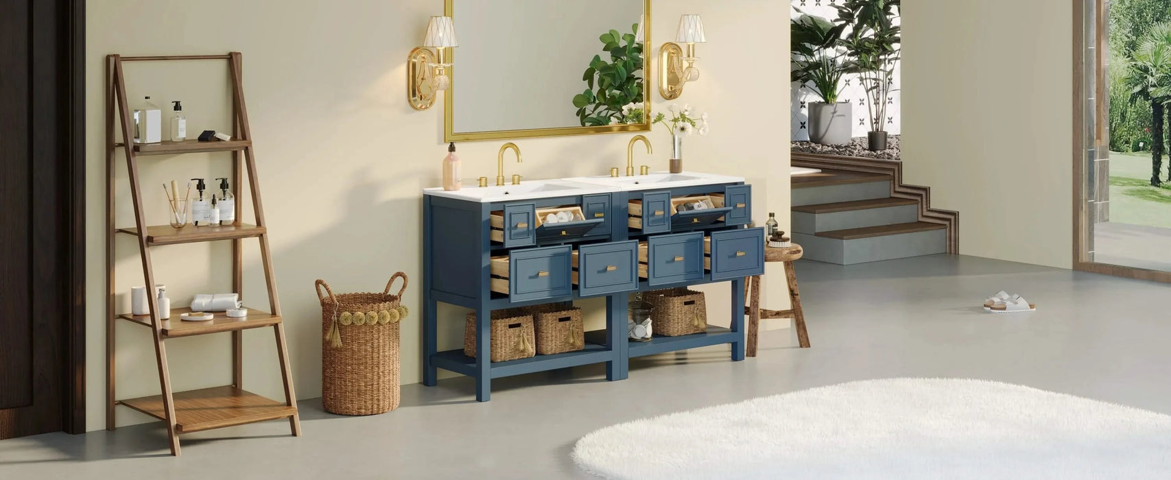 60'' Bathroom Vanity with Ceramic Sink Combo, Free Standing Single Vanity Set with 5 Drawers, Solid Wood Frame Bathroom Storage Cabinet Default -DTYStore