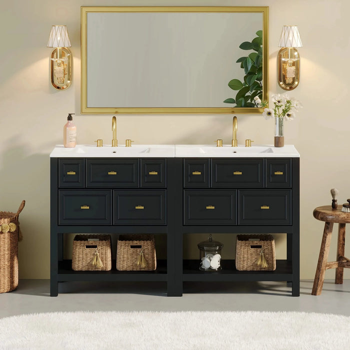 60'' Bathroom Vanity with Ceramic Sink Combo, Free Standing Single Vanity Set with 5 Drawers, Solid Wood Frame Bathroom Storage Cabinet Default -DTYStore