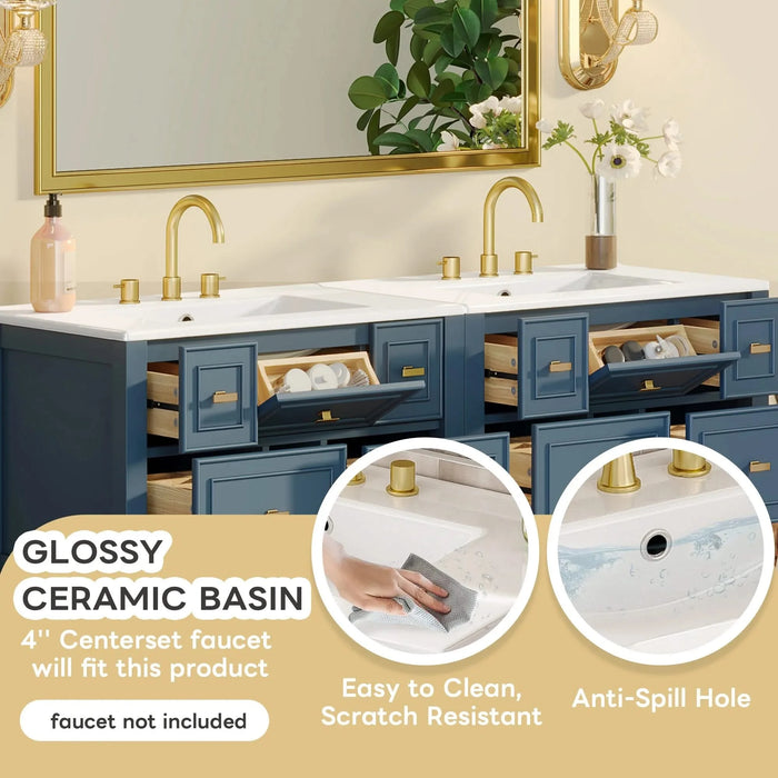 60'' Bathroom Vanity with Ceramic Sink Combo, Free Standing Single Vanity Set with 5 Drawers, Solid Wood Frame Bathroom Storage Cabinet Default -DTYStore