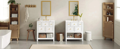 60'' Bathroom Vanity with Ceramic Sink Combo, Free Standing Single Vanity Set with 5 Drawers, Solid Wood Frame Bathroom Storage Cabinet Default -DTYStore