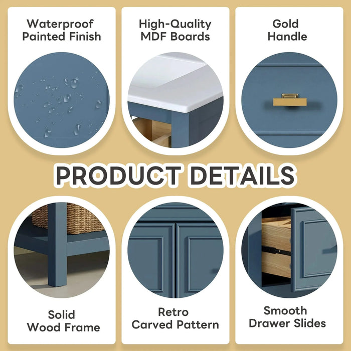 60'' Bathroom Vanity with Ceramic Sink Combo, Free Standing Single Vanity Set with 5 Drawers, Solid Wood Frame Bathroom Storage Cabinet Default -DTYStore