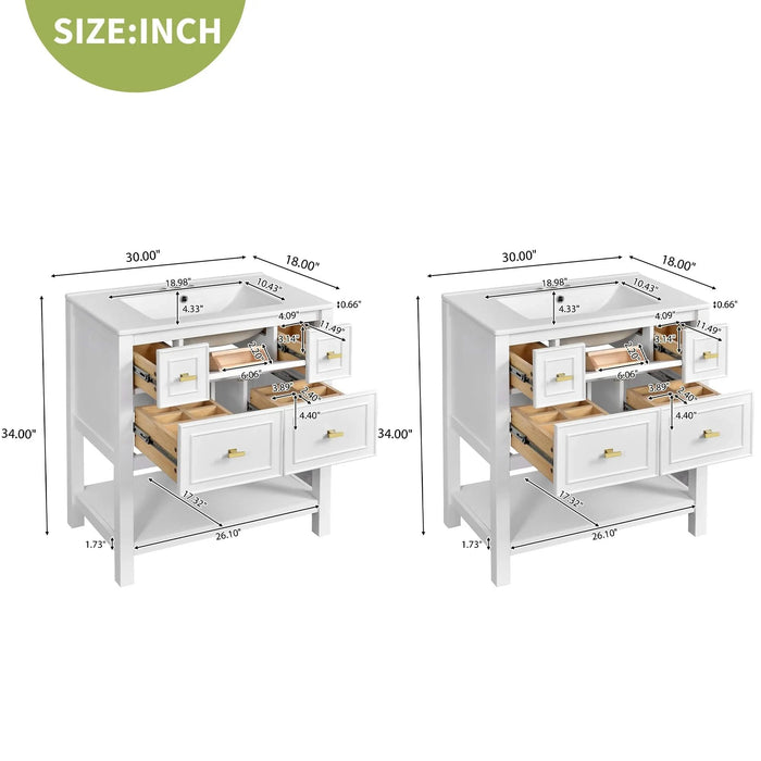 60'' Bathroom Vanity with Ceramic Sink Combo, Free Standing Single Vanity Set with 5 Drawers, Solid Wood Frame Bathroom Storage Cabinet Default -DTYStore