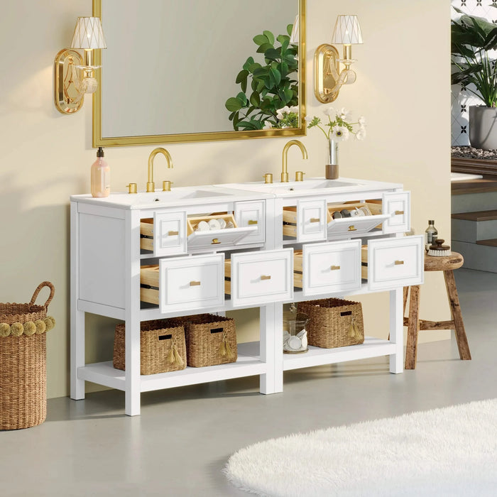 60'' Bathroom Vanity with Ceramic Sink Combo, Free Standing Single Vanity Set with 5 Drawers, Solid Wood Frame Bathroom Storage Cabinet Default -DTYStore