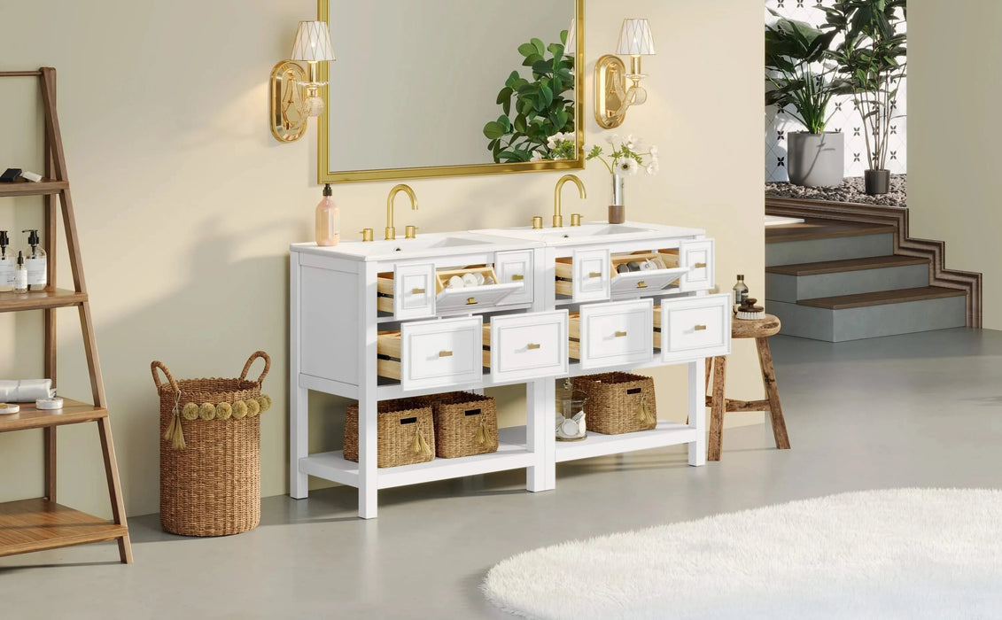 60'' Bathroom Vanity with Ceramic Sink Combo, Free Standing Single Vanity Set with 5 Drawers, Solid Wood Frame Bathroom Storage Cabinet Default -DTYStore