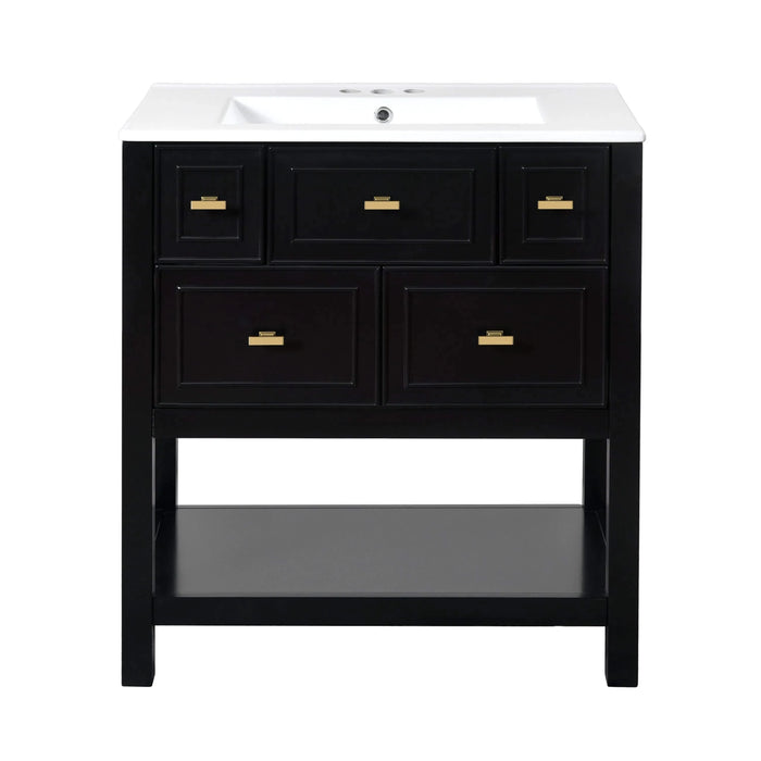 60'' Bathroom Vanity with Ceramic Sink Combo, Free Standing Single Vanity Set with 5 Drawers, Solid Wood Frame Bathroom Storage Cabinet Default -DTYStore