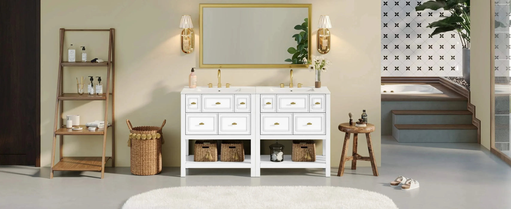 60'' Bathroom Vanity with Ceramic Sink Combo, Free Standing Single Vanity Set with 5 Drawers, Solid Wood Frame Bathroom Storage Cabinet Default -DTYStore